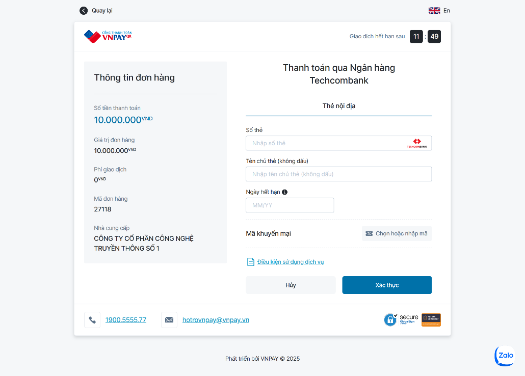 Minh họa màn hình thanh toán qua cổng VNPAY